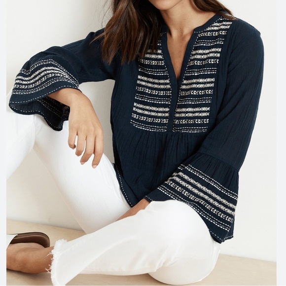 Velvet by Graham & Spencer Tops - Velvet Zaley Peasant Top Black Embroidered Bell Sleeve Flowy Semisheer Cotton